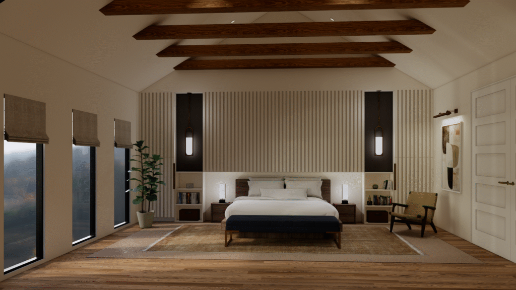 modern bedroom render, mountain modern bedroom